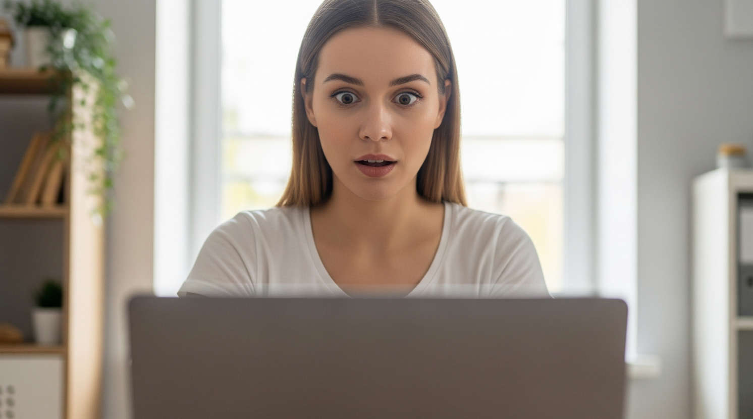 Frau sitzt entstetzt am Laptop